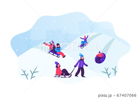Happy Children Having Fun Sledding on Tubing and Sleds Downhill During Winter. Christmas and New Year Holidays. Wintertime Outdoors Activity Vacation Spare Time. Cartoon Flat Vector Illustration 67407066
