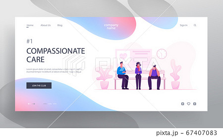 Health Care and Medicine Concept Website Landing Page. Patients Waiting Doctor Appointment in Hospital Hallway. Sick People Sitting Clinic Corridor Web Page Banner. Cartoon Flat Vector Illustration 67407083