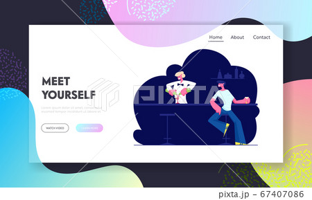 Man Visiting Night Club Website Landing Page. Male Character Sit at Chair Drink Beverage on Bar Counter with Barman Making Cocktail in Restaurant Web Page Banner Cartoon Flat Vector Illustration 67407086