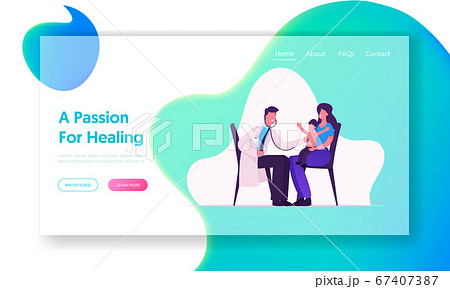 Physician Baby Check Up in Hospital Website Landing Page. Medical Pediatrician Doctor Listen Lung and Heart Sound of Child Patient with Stethoscope Web Page Banner. Cartoon Flat Vector Illustration 67407387