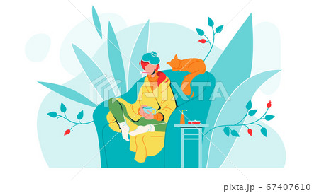 Flu Ill Girl In Armchair With Temperature Vector Flu Ill Girl In Armchair With Temperature Vector 67407610
