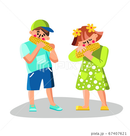 Children Eating Boiled Corn Vegetable Food Vector 67407621