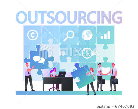 Outsourcing Concept. Businesspeople Working at Huge Puzzle Put Pieces into empty Holes 67407692