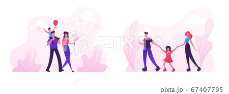 Family Weekend Leisure and Sport Spare Time. Mother, Father and Little Child Walking at City Street. Son Sitting on Father Shoulders, Roller Skating Activity in Park. Cartoon Flat Vector Illustration 67407795