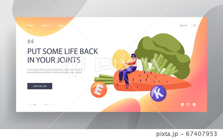 Healthy Food Choice Website Landing Page, Young Woman Sitting at Huge Carrot Holding Lemon Half with Broccoli, Vitamin Products 67407953