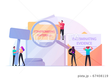 Compromising Material Concept. Tiny Male and Female Characters with Magnifying Glass and Wooden Gavel at Huge Envelope with Incriminating Evidence Information. Cartoon People Vector Illustration 67408119