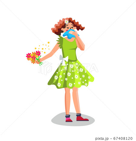 Allergy Woman Sneezing In Handkerchief Vector Illustration 67408120