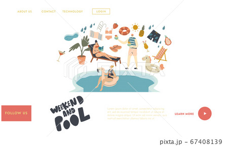 Pool Party Relax, Swim and Drink Summer Activity Landing Page Template. Characters in Swimming Pool Drinking Cocktails 67408139