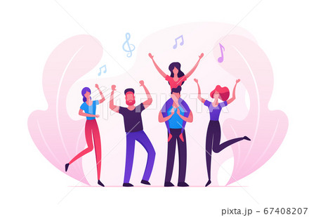Group of Young People Visiting Music Event or Concert, Men and Women Fans Cheering, Dancing and Jumping with Hands Up Group of Young People Visiting Music Event or Concert, Men and Women Fans Cheering, Dancing and Jumping with Hands Up 67408207
