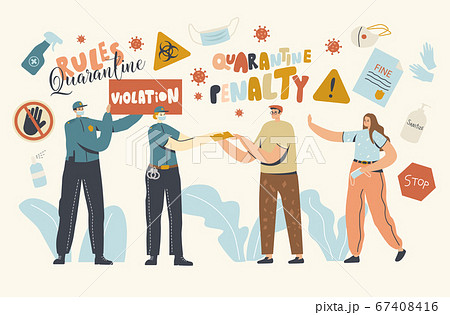 Quarantine Penalty Concept. Policemen Characters Check People on Street during Covid19 Pandemic 67408416