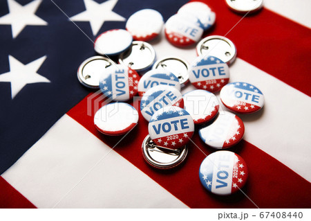 Vote election badge button for 2020 on flag of America 67408440