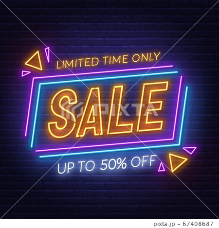 Sale neon sign on brick wall background. Special Offer neon banner. 67408687