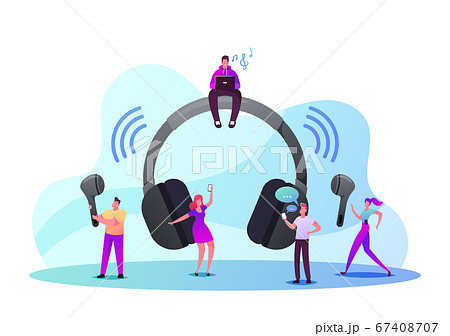 Tiny Male and Female Characters Use Wireless Headphones. Young Men and Women at Huge Earphones 67408707