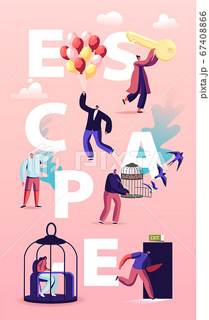 Characters Escape Home Isolation Concept. People Leaving Cages and Run into Open Door and Flying on Air Balloons Characters Escape Home Isolation Concept. People Leaving Cages and Run into Open Door and Flying on Air Balloons 67408866