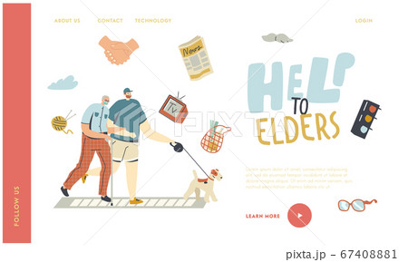 Helping and Support Aged Pensioner Landing Page Template. Volunteer Help Senior Man in Medical Mask Walking with Dog. Kind Selfless Male Character Doing Good Deal. Linear People Vector Illustration Helping and Support Aged Pensioner Landing Page Template. Volunteer Help Senior Man in Medical Mask Walking with Dog. Kind Selfless Male Character Doing Good Deal. Linear People Vector Illustration 67408881