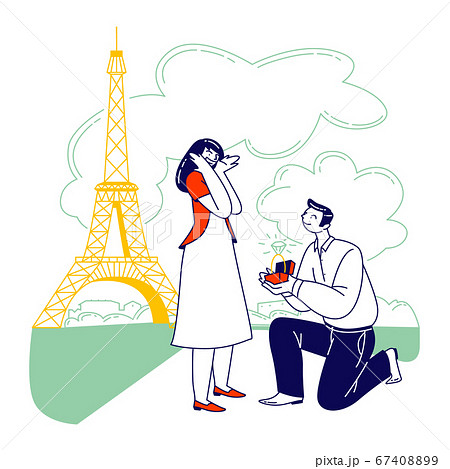 Characters Romantic Proposal in Paris Concept. Man with Engagement Ring Asking Woman to Merry Standing on Knee. Love Relationship Marriage and Family, Valentines Day. Linear People Vector Illustration Characters Romantic Proposal in Paris Concept. Man with Engagement Ring Asking Woman to Merry Standing on Knee. Love Relationship Marriage and Family, Valentines Day. Linear People Vector Illustration 67408899