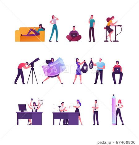 Set of Tiny Male and Female Characters Relaxing with Gadgets, Using Smartphone or Laptop, People with Huge Dollar Bill and Money sacks. Mann Look in Telescope, Office Work. Cartoon Vector Illustration Set of Tiny Male and Female Characters Relaxing with Gadgets, Using Smartphone or Laptop, People with Huge Dollar Bill and Money sacks. Mann Look in Telescope, Office Work. Cartoon Vector Illustration 67408900