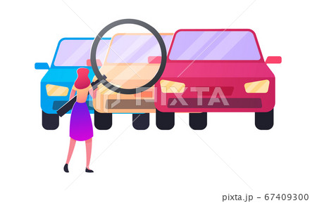 Woman Looking on Cars through Huge Magnifying Glass, Consumer Character Choosing Auto for Buying Woman Looking on Cars through Huge Magnifying Glass, Consumer Character Choosing Auto for Buying 67409300