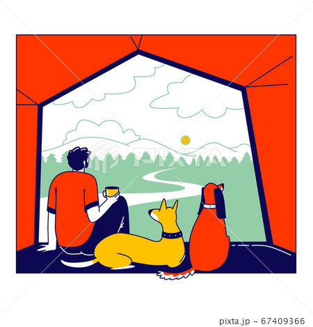 Male Character with Pets Cat and Dog Sit inside of Camping Tent Enjoying Drinking Coffee and Scenic Landscape View Male Character with Pets Cat and Dog Sit inside of Camping Tent Enjoying Drinking Coffee and Scenic Landscape View 67409366