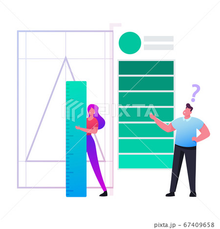 Client Order Graphic Designer to Create Company Logotype. Creative Studio Working Process. Tiny Female Character Painting Triangle Geometric Shape for Logo Symbol. Cartoon People Vector Illustration 67409658