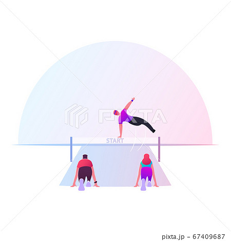 Business People or Sportsmen Characters Running with Obstacles Competition. Businessman Jump over Barrier. Leadership, Sport Challenge, Sprint on Stadium, Leader Chase. Cartoon Vector Illustration 67409687