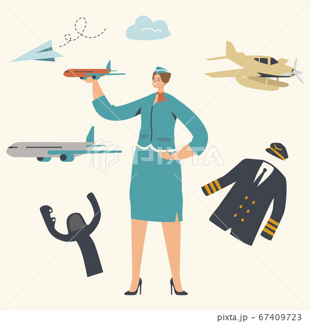 Stewardess Character Wearing Uniform Holding Airplane Model in Hand. Airline Transportation Service, Plane Crew, Air Hostess Profession, Aircraft History and Development. Linear Vector Illustration Stewardess Character Wearing Uniform Holding Airplane Model in Hand. Airline Transportation Service, Plane Crew, Air Hostess Profession, Aircraft History and Development. Linear Vector Illustration 67409723