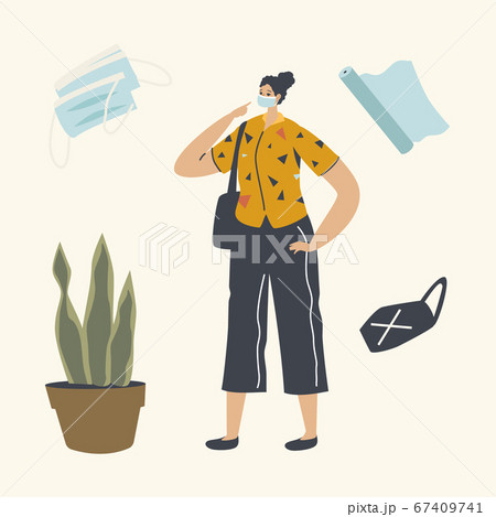 Young Girl in Medical Mask, Casual Clothing and Handbag Walking Outdoors during Coronavirus Quarantine 67409741