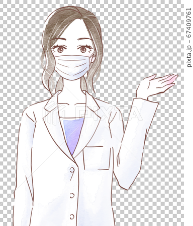 A young woman wearing a white coat and wearing a mask and guiding with the left hand 67409761