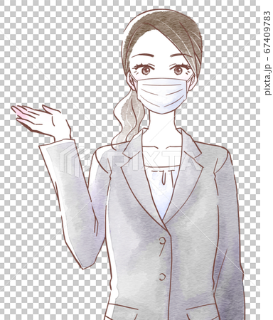 A young woman wearing a suit and wearing a mask and guiding with the right hand 67409783