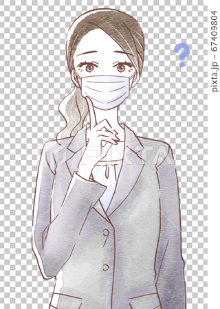 Wondering young woman wearing a suit and wearing a mask 67409804