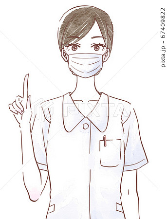 ナース服を着てマスクを付けて指差しポーズの女性のイラスト素材
