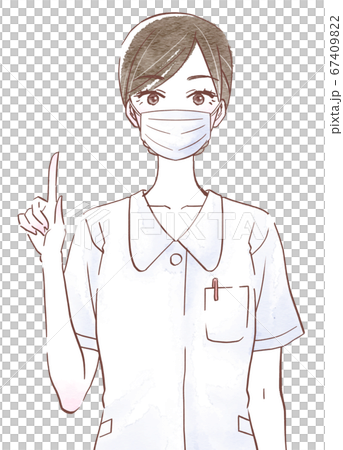 ナース服を着てマスクを付けて指差しポーズの女性のイラスト素材
