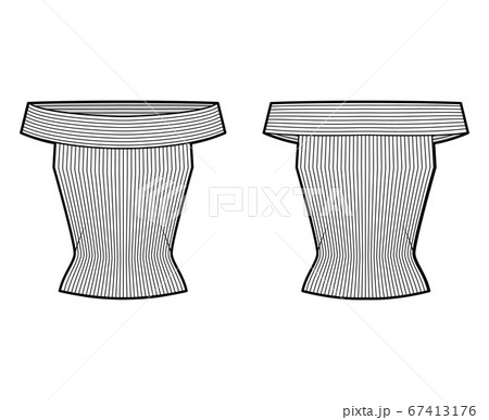Off-the-shoulder ribbed-knit top technical fashion illustration with sleeveless, close-fitting shape. Off-the-shoulder ribbed-knit top technical fashion illustration with sleeveless, close-fitting shape. 67413176