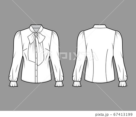 Pussy-bow blouse technical fashion illustration with long blouson sleeves, flouncy ruffled cuffs, fitted body 67413199
