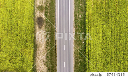 Aerial view of colorful field. Harvest of rapeseed. Industrial background on agricultural theme. Aerial view of colorful field. Harvest of rapeseed. Industrial background on agricultural theme. 67414316