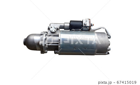 Starter for a car with solenoid isolated on white background. Spare parts. 67415019