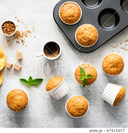 Vanilla caramel muffins, top view Vanilla caramel muffins, top view 67415057