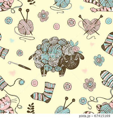 Seamless pattern on the theme of knitting witha cute lamb from balls of yarn and a cute cat. Vector. Seamless pattern on the theme of knitting witha cute lamb from balls of yarn and a cute cat. Vector. 67415169