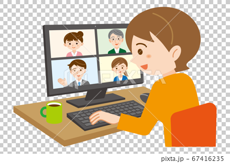 自宅でパソコンのオンライン会議に参加する女性のイラスト 白背景のイラスト素材