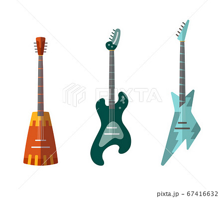 Guitar collection. Different shape acoustic and electric guitars. Isolated stylish art. Colored icons on white background. Set of flat guitars Guitar collection. Different shape acoustic and electric guitars. Isolated stylish art. Colored icons on white background. Set of flat guitars 67416632