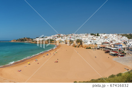 Aerial panorama of Albufeira, Algarve, Portugal. Beautiful view of the sea landscape with the beach, ocean.  67416832