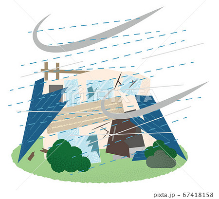 台風の被害に遭う住宅のベクターイラストのイラスト素材