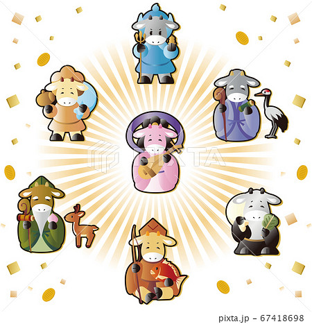 年賀状 21 丑年 牛の七福神 イラスト素材のイラスト素材