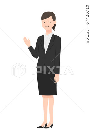 手で案内をしてる人物のイラスト。リクルートスーツを着ている女性。 67420710