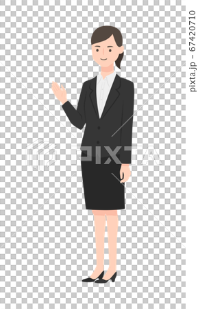手で案内をしてる人物のイラスト。リクルートスーツを着ている女性。 67420710