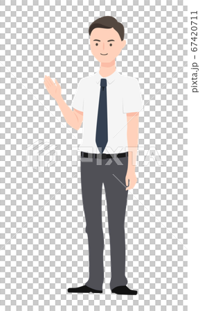 手で案内をしてる人物のイラスト。スーツを着ている男性会社員。 67420711
