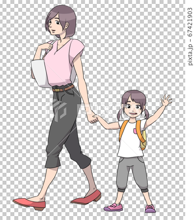 母親と手を繋いで通園中に手を振る子供(女の子) 母親と手を繋いで通園中に手を振る子供(女の子) 67421903