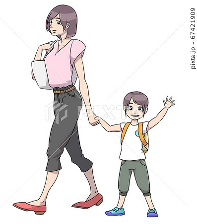 母親と手を繋いで通園中に手を振る子供（男の子） 67421909