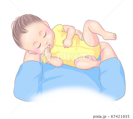 赤ちゃんを抱っこして寝かしつける母親 父親目線の絵のイラスト素材