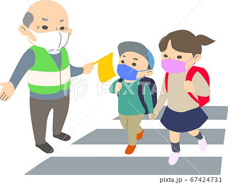 【マスク有】横断歩道で小学生の通学を見守るおじいさん - 主線なし・半袖・春・秋・冬 【マスク有】横断歩道で小学生の通学を見守るおじいさん - 主線なし・半袖・春・秋・冬 67424731